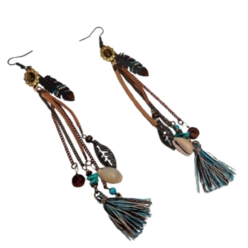 long navajo indian Style earrings Turquoise Leather Metal Wood